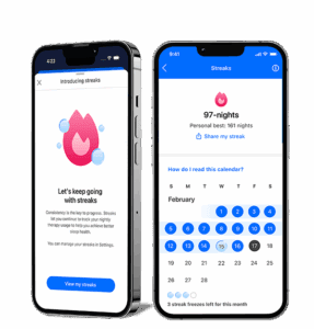 phone mockup showing the ResMed app with new Streaks feature to assist CPAP compliance