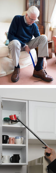 stacked images of aids for daily living including a man using a long handle shoe horn and a person using a grabber to get a cup