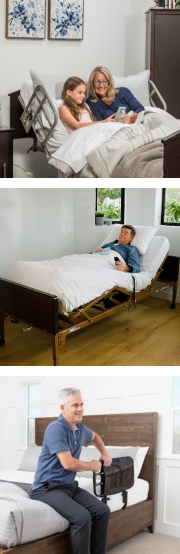 stacked images of a woman and girl in hospital bed, man in a hospital bed, and a man using a bed rail cane