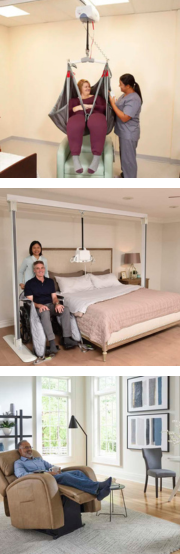 stacked images of a permanent ceiling lift, a portable lift, and a lift chair