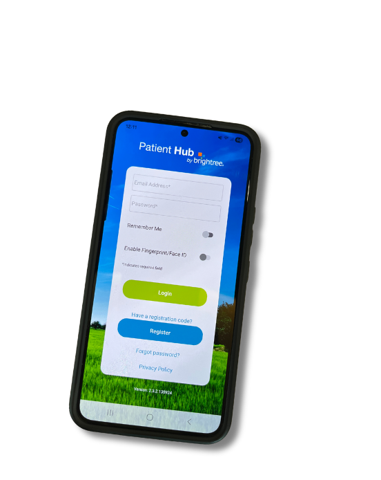 Cellphone showing the login screen for Patient Hub