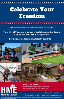 Sales flyer for July 2026 advertising 15% off scooters, power wheelchairs, and rollators along with 30% off ramps and straight stairlifts